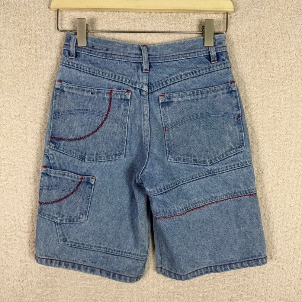 Street Property Denim Shorts Size‎ 8 Light Wash Red Stitching Patches